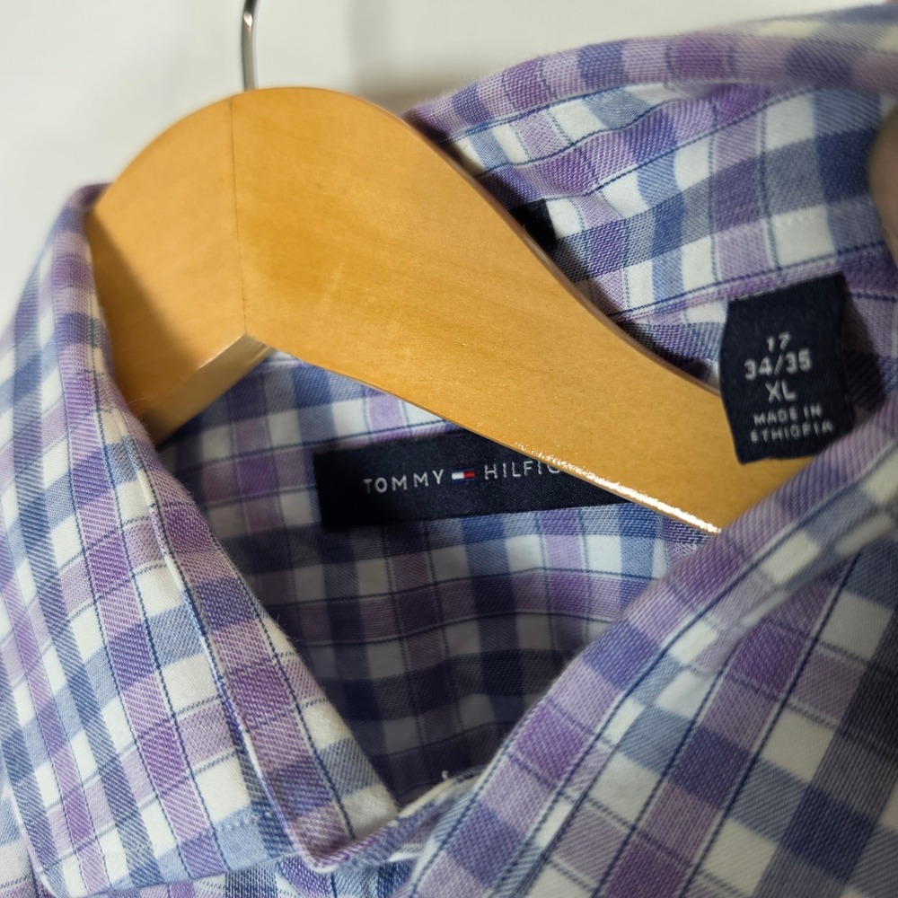Tommy Hilfiger Mens Slim Fit Stretch Gingham Button Down Shirt Purple Blue XL 17 - Picture 3 of 8
